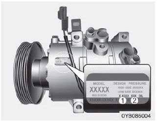Kia Soul. Air conditioner compressor label. Refrigerant label